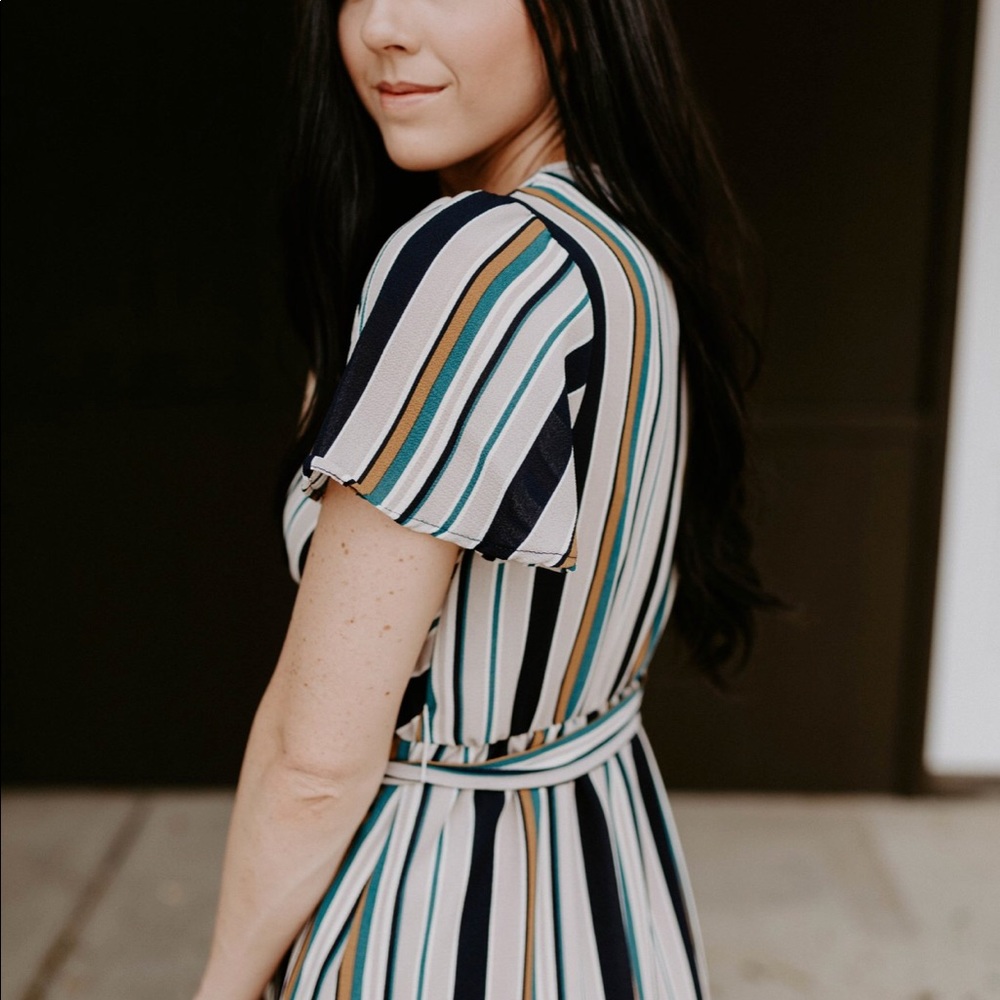 Vertical Stripe Faux Wrap Dress